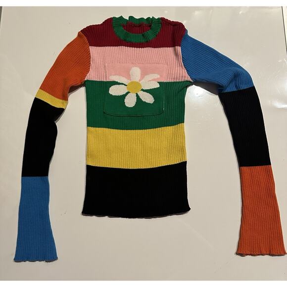 Rainbow Striped Daisy Jacket Flower Knitted Stretch Pocket Multicolor Sweater Sm - Picture 6 of 10